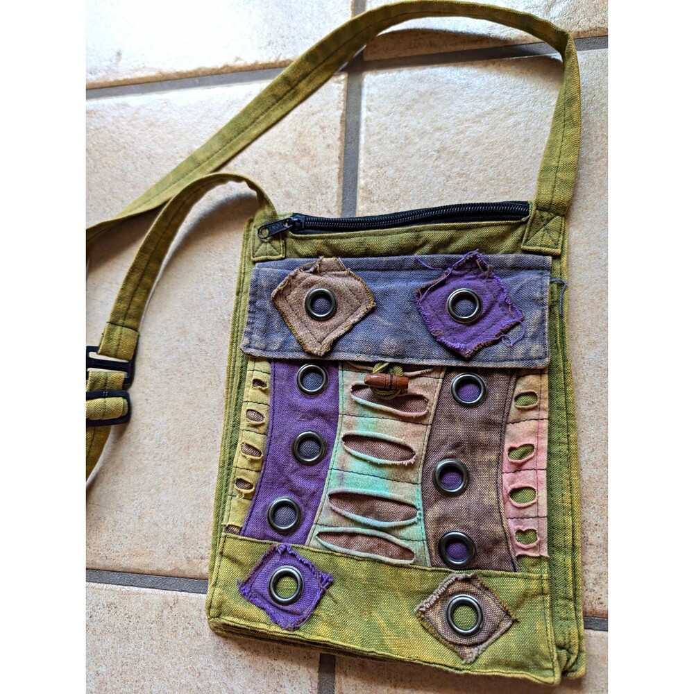 Cyberpunk Hippie Crossbody Bag Purse Zip Nepal Cotton Colorblock Festival